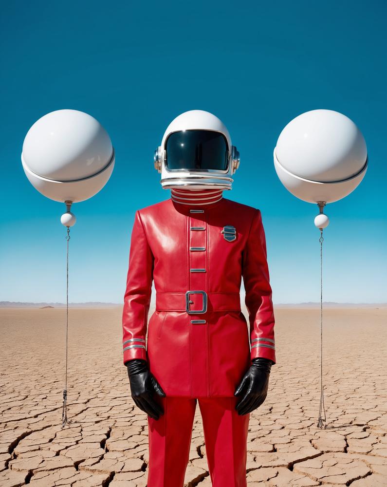 An astronaut in a bright red suit and helmet stands in a desert landscape, flanked by two white spherical balloons on thin poles against a blue sky.